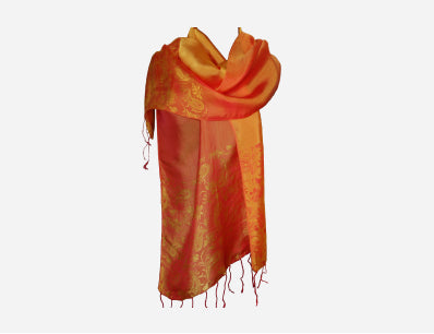 Radiant Golden-Red Silk Scarf with Intricate Patterns