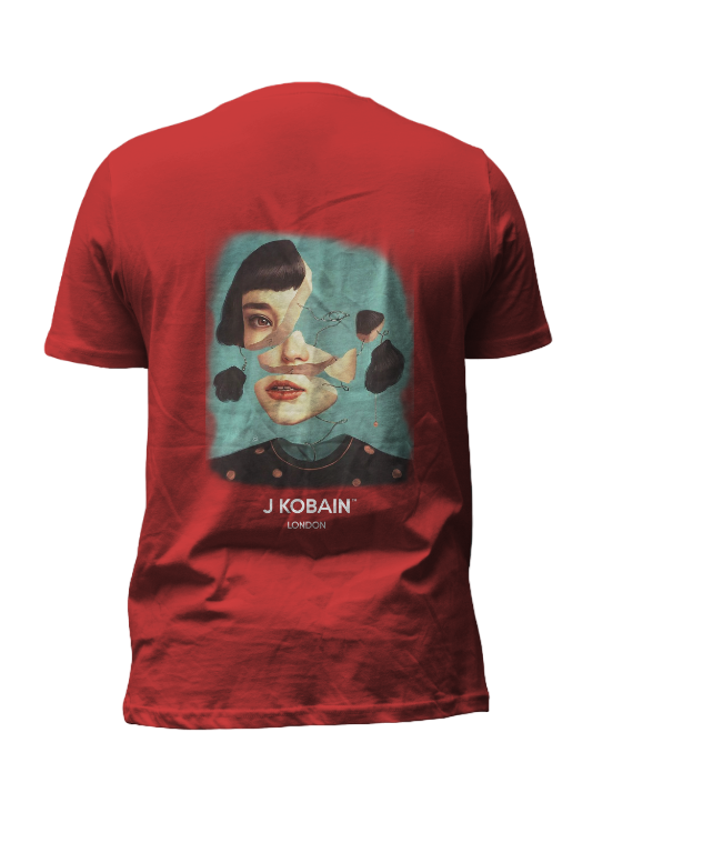 Hidden Glance T-Shirt in Vermilion, back view showcasing crew neckline and stripe binding