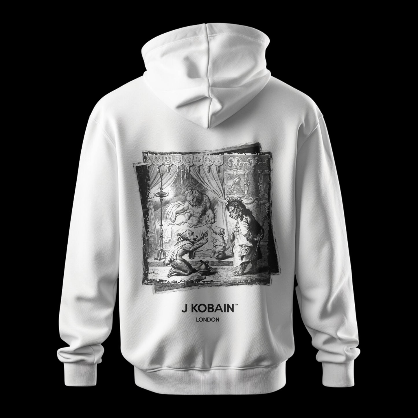 Back view of Reineke’s Realm Hoodie in pure white