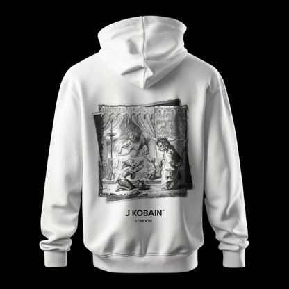 Back view of Reineke’s Realm Hoodie in pure white