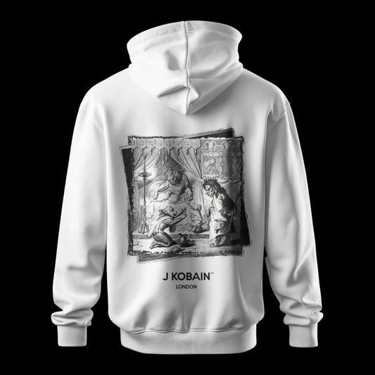 Back view of Reineke’s Realm Hoodie in pure white