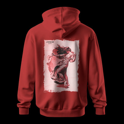 Back view of Draped Edge Hoodie in red